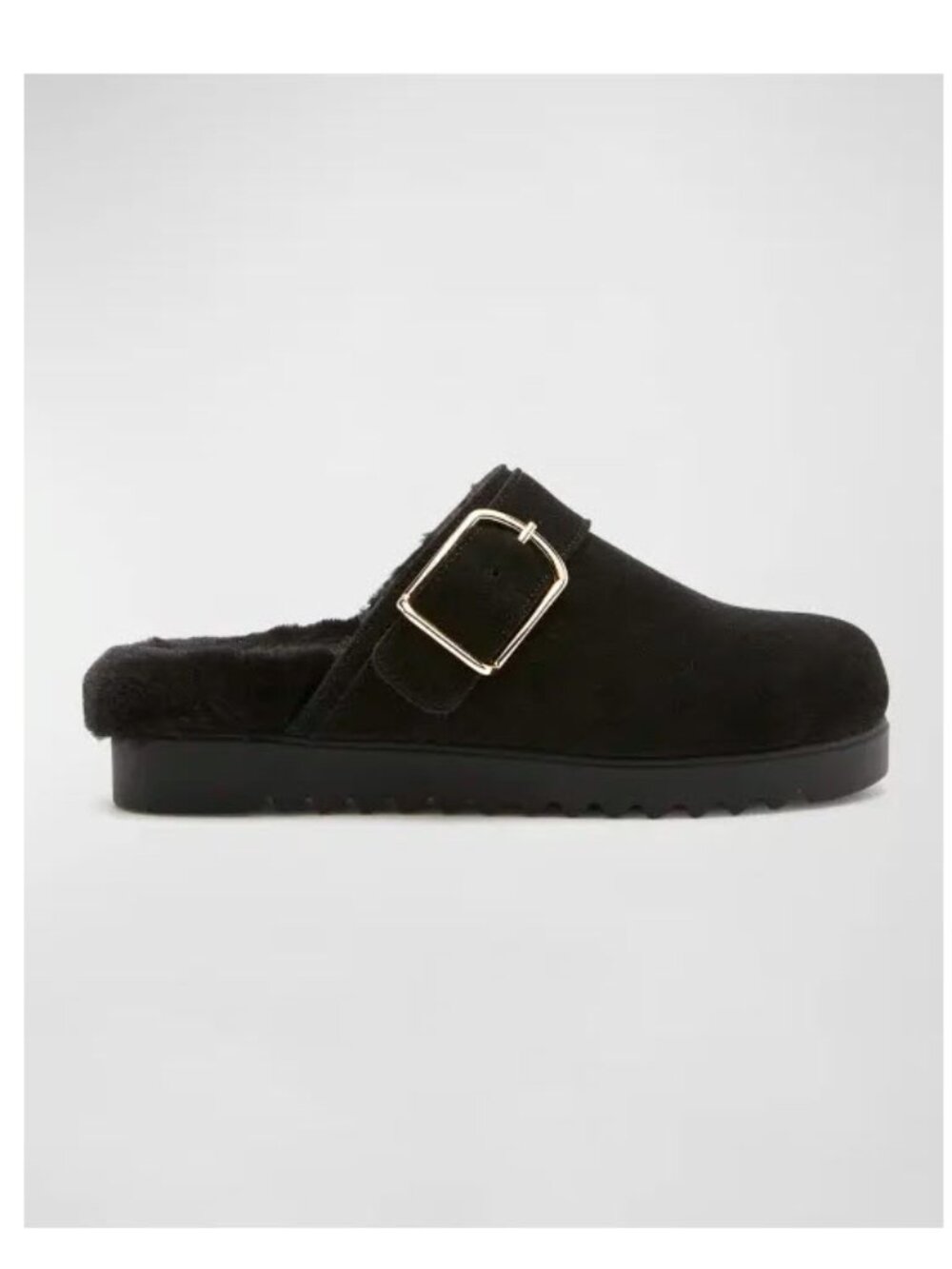 La CANADIENNE Black Suede Slip-On Mule with Gold Buckle